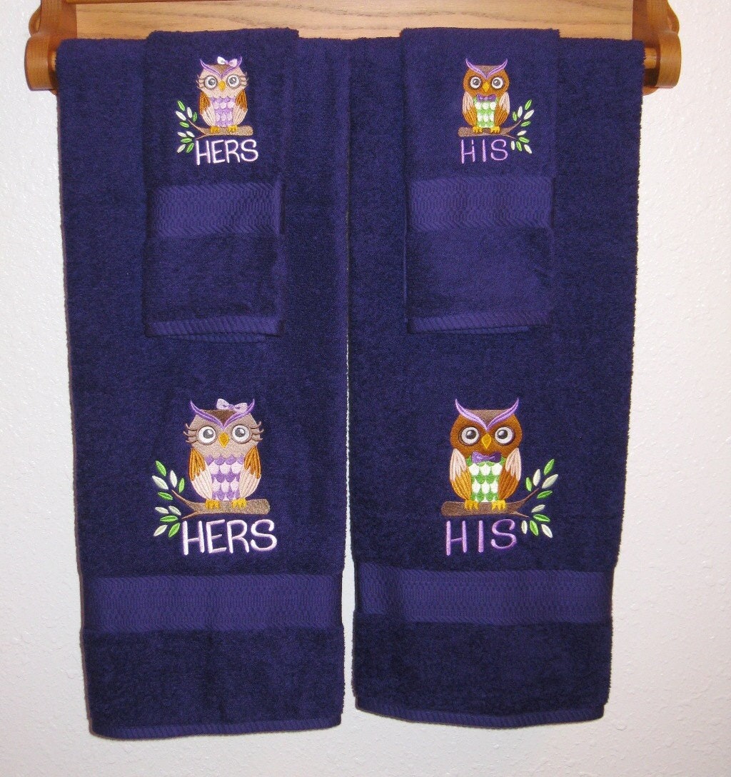 HIS and HERS Owl Towel Set - Colorful Owls on Branches Bath and Hand Towels - Wedding Couples, Anniv
