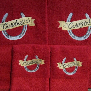 COWBOY and COWGIRL Horseshoe Towel Set - Western Embroidered Bath Towels - For Newlyweds, Anniversary, Wedding Gift - Country Home Decor