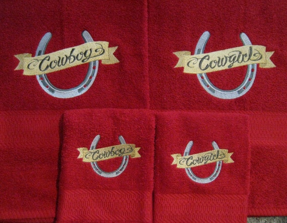 COWBOY and COWGIRL Horseshoe Towel Set - Western Embroidered Bath Towels - For Newlyweds, Anniversary, Wedding Gift - Country Home Decor