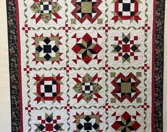Christmas Sampler Quilt: Handmade Patchwork Lap Quilt (58”x73”)
