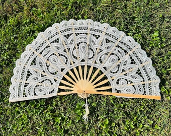 Ivory Lace Fan for Wedding Ceremony, Large Hand Fan, Beach wedding, Wedding Favor, Party Favor, Beige Lace Fan