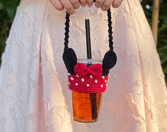 Boba Holder Coffee Purse Drink Carrier Coffee Sleeve Reusable Eco Friendly Handmade Crochet Minnie Inspired Christmas Gift Idea