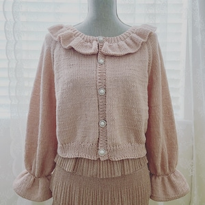 Cardi-Ruche Round Neck Raglan Cardigan Sweater with Soft Ruffles at the Neckline and Sleeves Knit Pattern