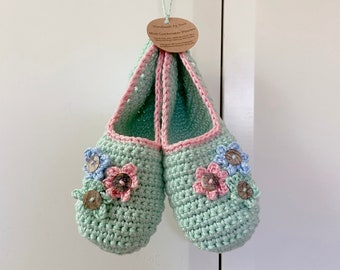 Hand Crochet Knit Extra Soft Slippers Booties House / Room Shoes in Green with Pink Blue Green Flowers