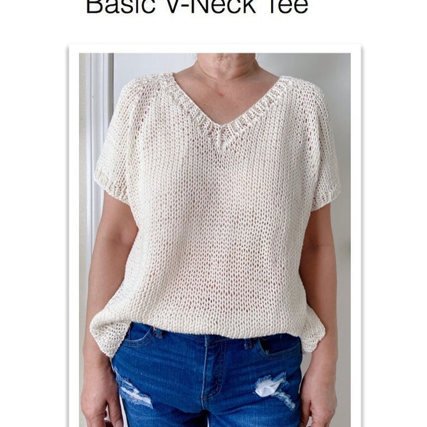 Basic V Neck Tee Easy Knit Pattern PDF File Raglan Long or Short Sleeves Customizable