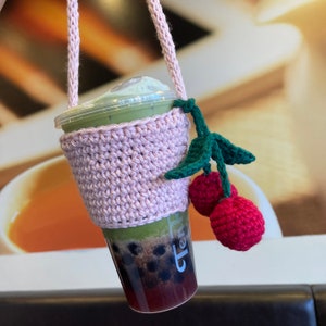 Boba Coffee Drink Holder Carrier Sleeve Pink Reusable Eco Friendly Handmade Crochet Cherry Strawberry Lemon Peach Charm Christmas Gift Idea