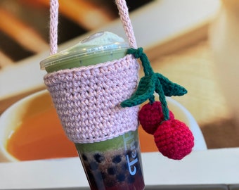 Boba Coffee Drink Holder Carrier Sleeve Pink Reusable Eco Friendly Handmade Crochet Cherry Strawberry Lemon Peach Charm Christmas Gift Idea