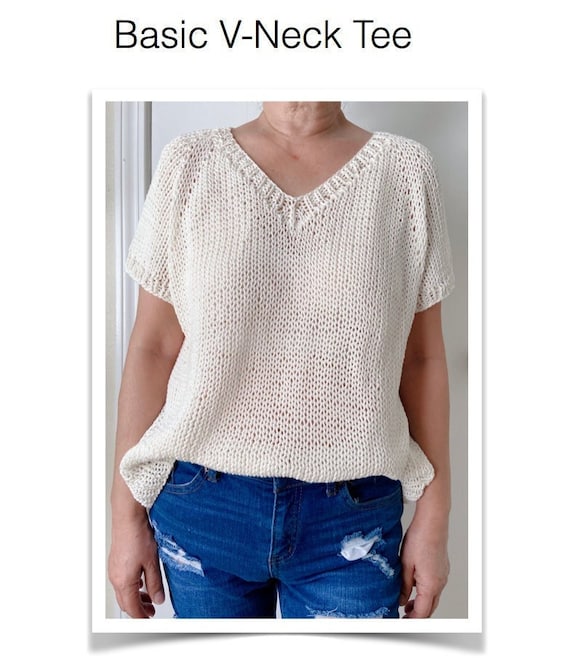 Basic V Neck Tee Easy Knit Pattern PDF File Raglan Long or