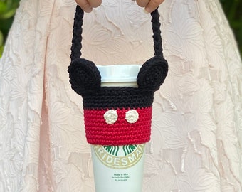 Boba Holder Coffee Purse Drink Carrier Coffee Sleeve Reusable Eco Friendly Handmade Crochet Mickey Inspired Christmas Gift Idea