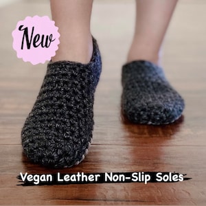 Crochet Slipper House Shoes with Non Slip Vegan Leather Sole Handmade Wool Blend in Gray Gift Idea Mothers Fathers Day Birthday Christmas