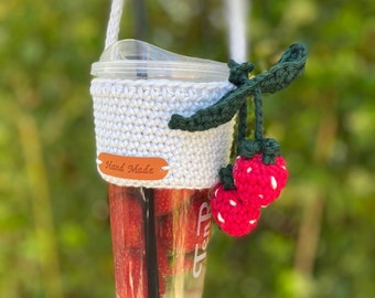 Boba Coffee Drink Holder Carrier Sleeve Blue Reusable Eco Friendly Handmade Crochet Cherry Strawberry Lemon Peach Charm Christmas Gift Idea