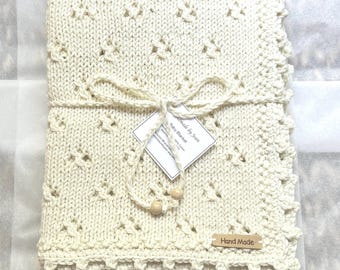 Hand Knit Ivory Eyelet Heirloom Worthy Baby Blanket Lap Throw 100% Cotton 2 sizes