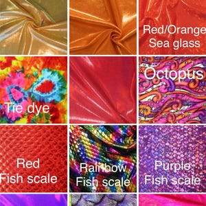 May include: A collage of fabric swatches with various patterns and colors. The swatches include mermaid orange, goldfish orange, gold fish scale, tie dye, red/orange sea glass, octopus, red fish scale, rainbow fish scale, purple fish scale, and big purple fish scale.
