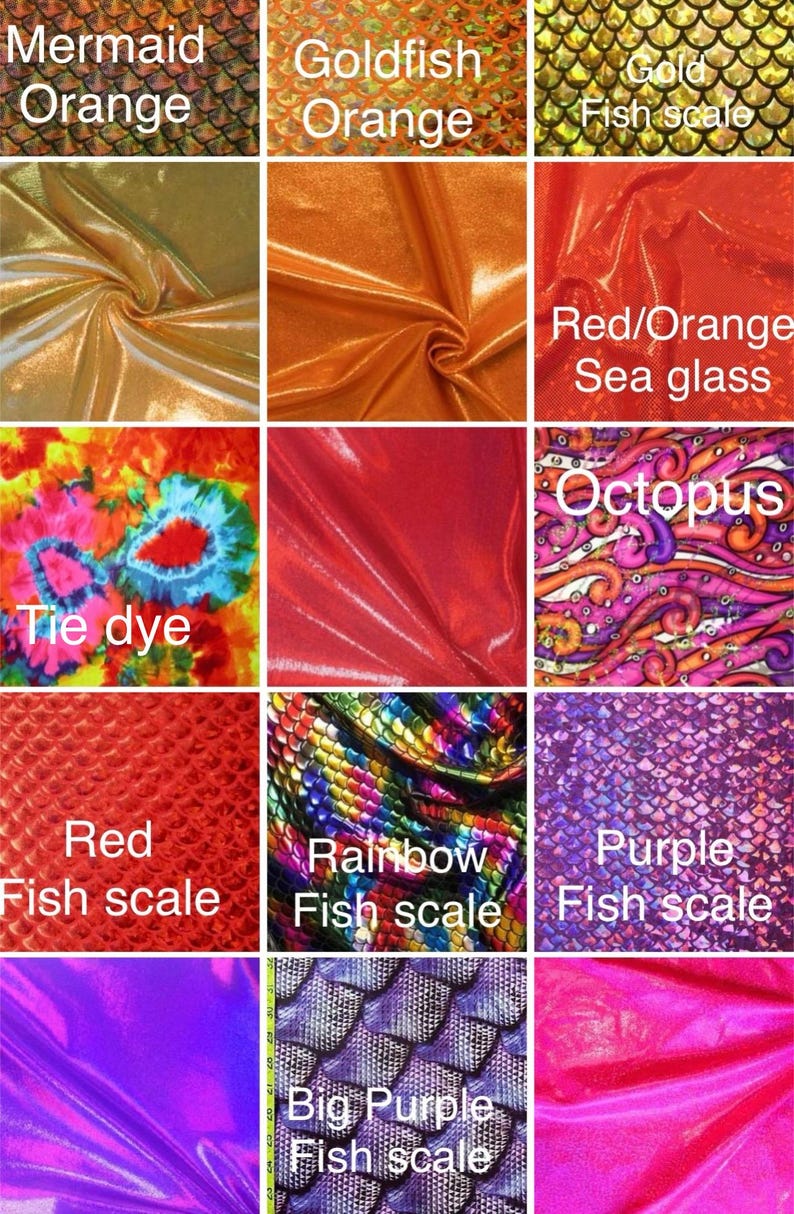 May include: A collage of fabric swatches with various patterns and colors. The swatches include mermaid orange, goldfish orange, gold fish scale, tie dye, red/orange sea glass, octopus, red fish scale, rainbow fish scale, purple fish scale, and big purple fish scale.