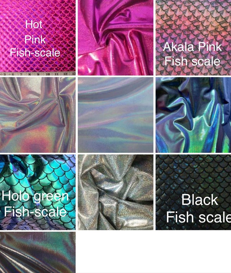 May include: A collection of fabrics with various colors and textures. The fabrics include a hot pink fish-scale pattern, a shiny pink fabric, an Akala pink fish-scale pattern, a holographic fabric, a holo green fish-scale pattern, a silver fabric, and a black fish-scale pattern.