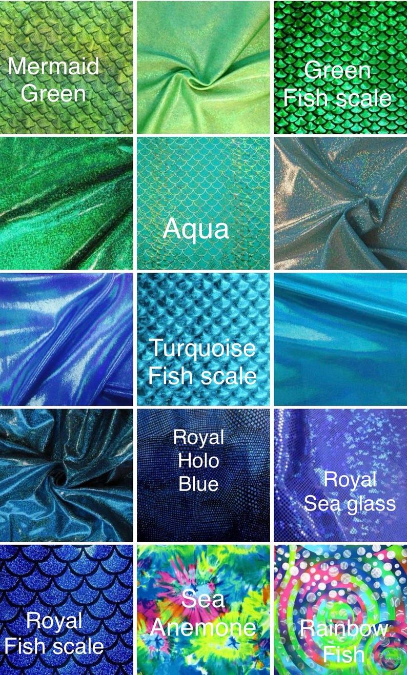 May include: A collection of fabric swatches in various colors and patterns. The swatches include textures like fish scales and tie-dye, with colors ranging from green and blue to aqua and rainbow. Text labels identify each swatch, such as "Mermaid Green" and "Royal Fish scale."