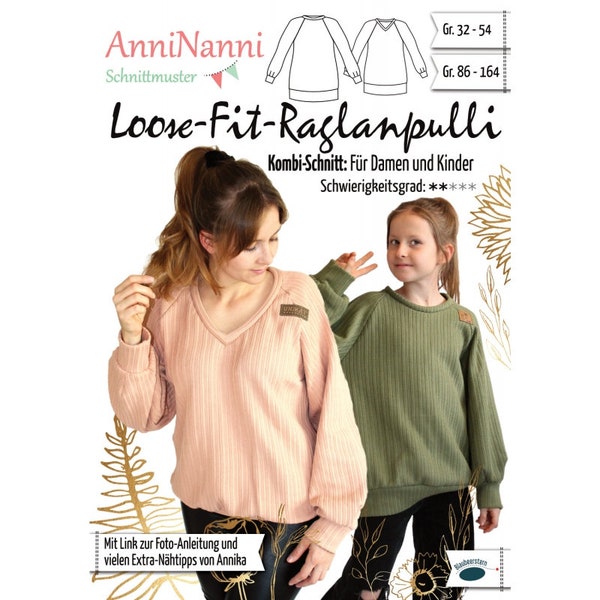 Schnittmuster Loose-Fit-Raglanpulli von AnniNanni in den Größen 32 bis 54 und 86 bis 164 Papierschnittmuster Pulli für Damen und Kinder