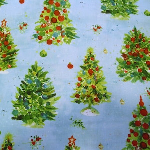 May include: A blue background with a repeating pattern of green Christmas trees decorated with red ornaments. The trees are painted in a watercolor style.