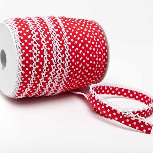 Rotes Schrägband mit weißen Punkten und Häkelborte 12 mm Einfassband Bordüre Borte