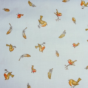 May include: A light blue fabric with a repeating pattern of brown robins and brown feathers. The robins are depicted in various poses, some with their wings spread and others with their beaks open. The feathers are scattered throughout the fabric, adding a touch of whimsy to the design.