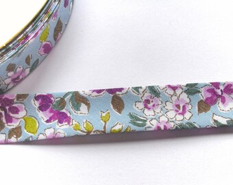 Blaues Schrägband mit Blumenmuster Blumen  18 mm Einfassband Bordüre