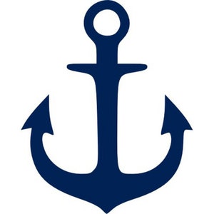 May include: A navy blue anchor graphic with a classic design. The anchor features a ring at the top, a horizontal bar, and two curved flukes. The image is a simple, nautical-themed illustration, perfect for maritime-related products.