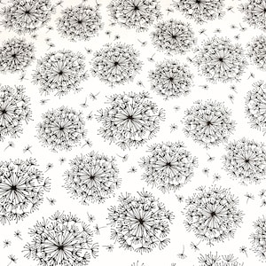 Peut inclure: Illustration en noir et blanc d'un motif répétitif de graines de pissenlit sur un fond blanc.