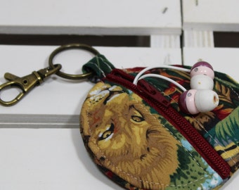 Headphone Storage Bag, Small Zipper Case, Key Badge Holder, ID Badge Key Holder, Jungle Lion Headphone Earbud Storage Case