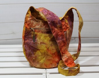 Hobo Bag, Cross Body Hobo Bag, Hobo Bag Purse, Autumn Colors Gold Tossed Leaves Boho Batik India Hobo Bag