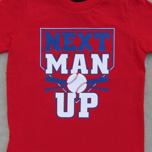 Next Man Up (Texas Rangers) - Funny Toddler and Youth Baseball Red Graphic Tee // Baseball T-shirt // Cool Boys Shirt