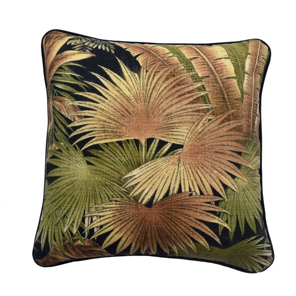 Tropical outdoor cushion cover , palm leaves , natural colours , Accent pillow , cushion in green and black , rainforest cushion cover.