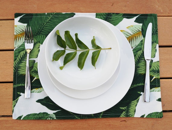 Banana Leaf Placemats in Green and White, Tropical Placemats, Caribbean Style Placemats, Outdoor Placemats, Australian Made, Tropical Linen