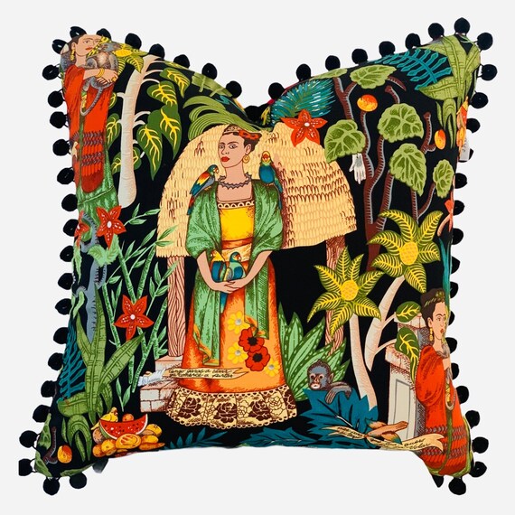 Frida's Garden cushion cover with Pom poms, Bohemian Cushion, Eclectic Cushion Cover , Frida Kahlo Cushion Cover, Gift for Girlfriend