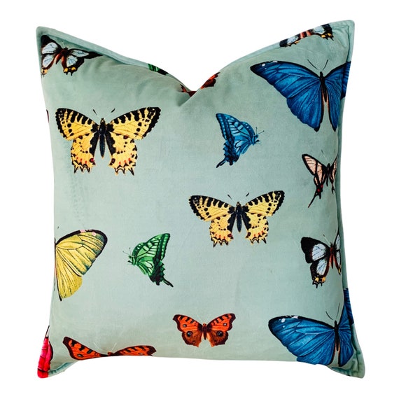 Velveteen Cushion cover with Butterflies, Butterfly Cushion, Green Cushion with Butterflies, Velvet Cushion