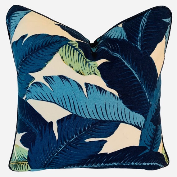Tropical Palm Outdoor Cushion Cover, Palm Leaf Cushion Cover, Tropical BananaPalm Cushion , Blue and White Palm Pillow