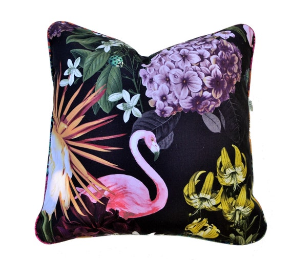 Digital Print Cushion Cover . Cushion with Birds and Flowers . Flamingo Design . Floral Design Pillow . Garden Bugs on a Cushion