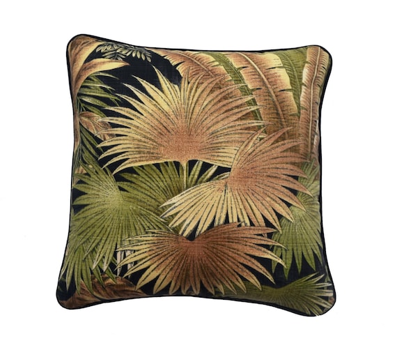 Tropical outdoor cushion cover , palm leaves , natural colours , Accent pillow , cushion in green and black , rainforest cushion cover.