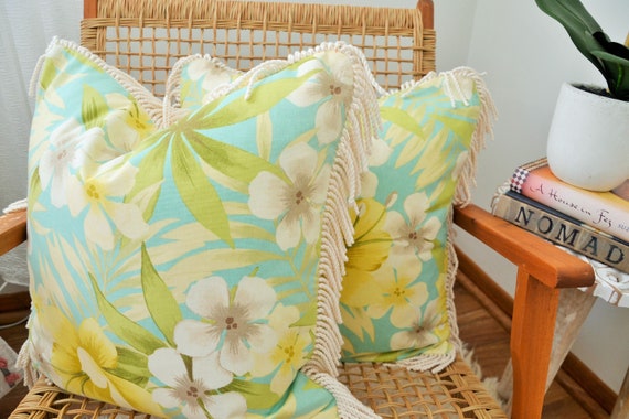 Cushion with Frangapanis . Cushion with Hibiscus . Cushion with Tropical Flowers . Scatter Pillow . Hamptons Cushion . Cushion with Fringing