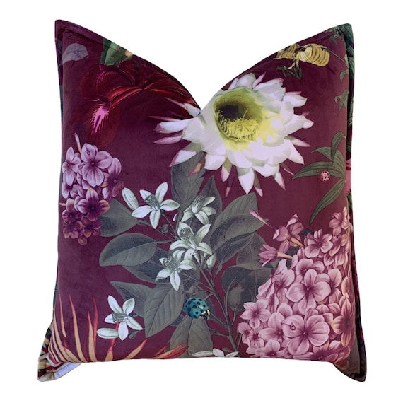 Botanical Cushion Cover, Velvet Cushion with Birds, Mauve Cushion Cover with Birds and Flowers, Cushion Cover