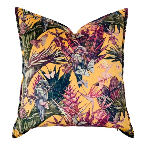 Velveteen cushion cover with Birds & Flowers, Hummingbird Cushion Cover, Gold cushion with Birds, Luxe Cushion Cover