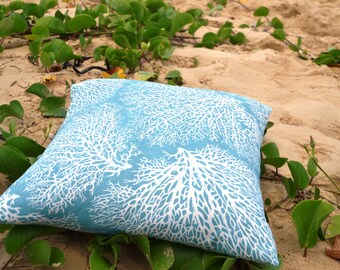 Coral Pillow Cover, Coastal Beach House Decor, Pale Blue Cotton
