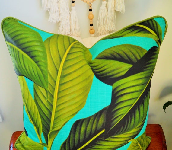 Tropical Palm Cushion,Hawiian Palm Cushion , Palm Cushion, Banana Leaf Cushion, Palm Tree Cushion, Sofa Cushion, Green and Turquoise
