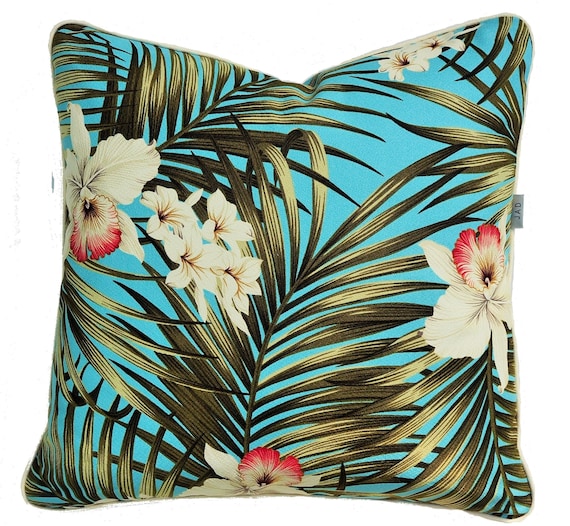 Hawaiian Palm Leaf Cushion . Polynesian Design Cushion. Vintage Hawaiian Cushion. Bark cloth Cushion . Orchid and Palms Cushion
