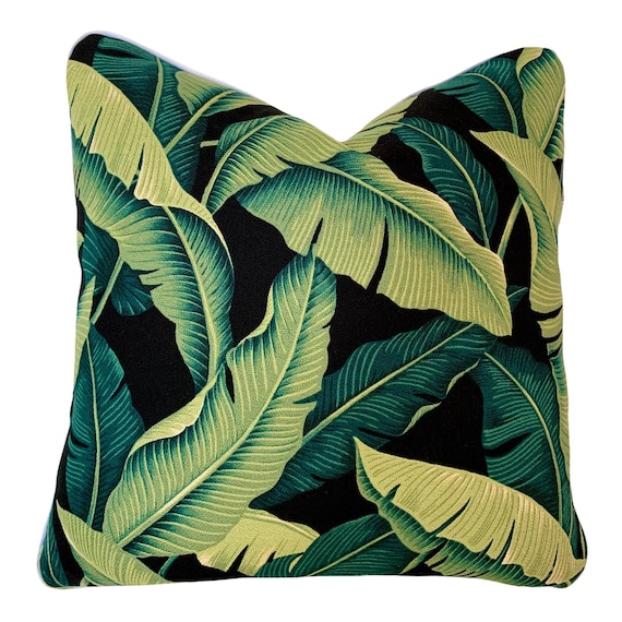 Banana Palm Cushion Cover, Tropical Palm Pillow, Palm Leaf Cushion Cover, Hawaiian Palm Cushion, Green and Black Palm Cushion