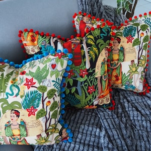Frida Cushion cover , Handmade with stunning pom - pom trim in different colour choices , Velveteen back with invisible zip enclosure.
