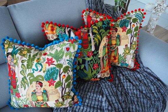 Decorative cushion cover , Handmade with stunning pom - pom trim in different colour choices , Velveteen back with invisible zip enclosure.