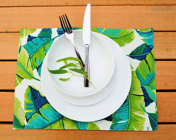 Banana Leaves Indoor outdoor placemats, Placemats , Palm Placemats, Outdoor Placemats, Beach House Style, Tommy Bahama Palm Leaf Fabric,