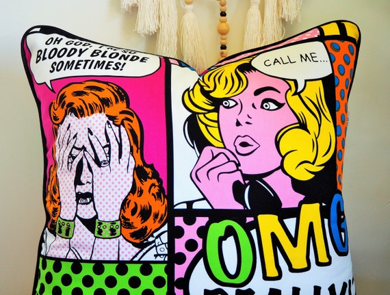 Retro Cushion Cover . Nostalgic Cushion . 60's Cushion Cover . Grafitti Cushion . Cartoon Cushion Cover . Fun Cushion . Vibrant . Comic On