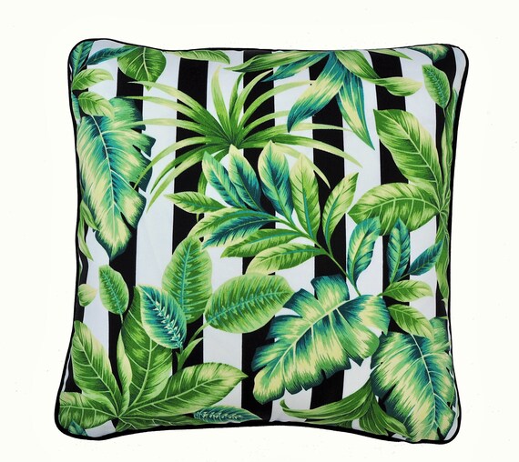 Outdoor cushion . Palm Design Cushion. Palms with Black and White Stripes . Black and white Stripes . Tropical Pillow . Interior Decorator
