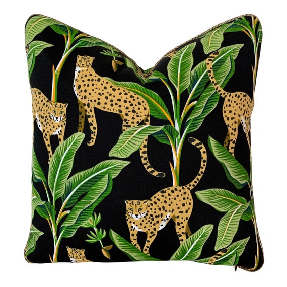 Leopard and Palm Outdoor Cushion Cover, Indoor/Outdoor Cushion Cover, Safari Design Cushion, Tropical Cushion, Leopard Cushion Cover